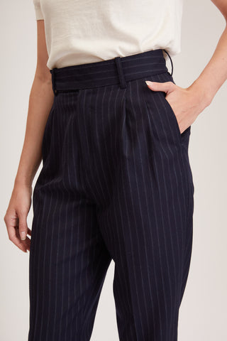 Southampton Trouser - High waisted, pleated trousers in navy pinstripe