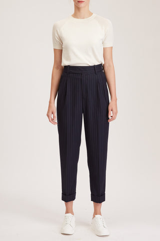 Southampton Trouser - High waisted, pleated trousers in navy pinstripe