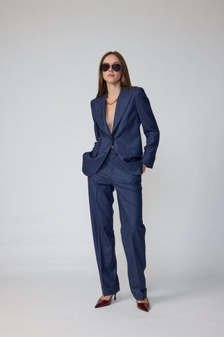 Workum Trousers - Straight cut trousers with turn ups in navy flannel