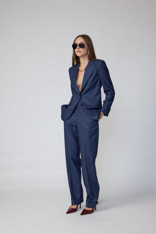 Workum Trousers - Straight cut trousers with turn ups in navy flannel