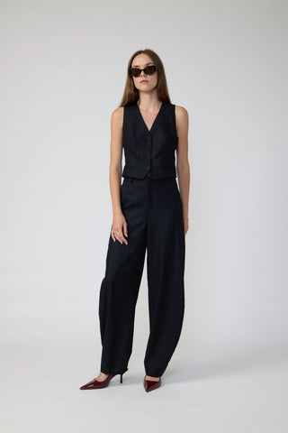 Hagfords Trousers - Barrel leg trousers high-waisted in charcoal black pinstripe
