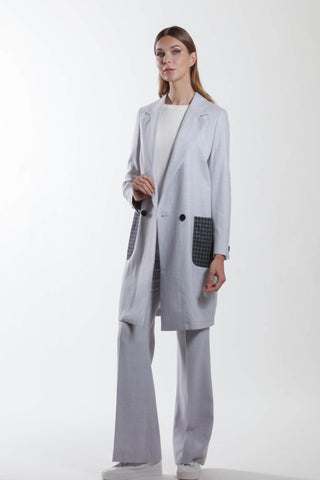 Bordeaux - Flared-leg wool suit trousers in sky grey herringbone