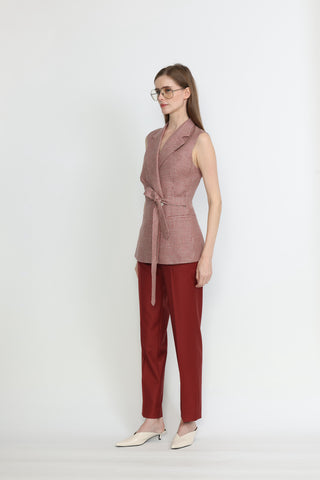 Byron Bay Waistcoat -  Waistcoat with belt in red dogtooth