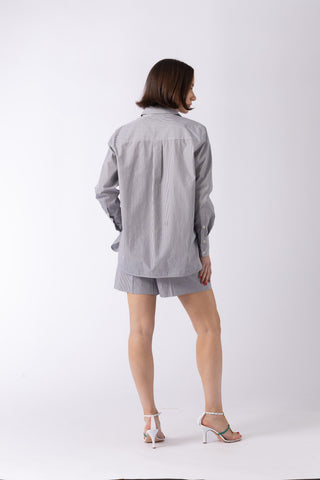 Mykonos Shirt - Oversized long sleeve shirt in grey pinstripe