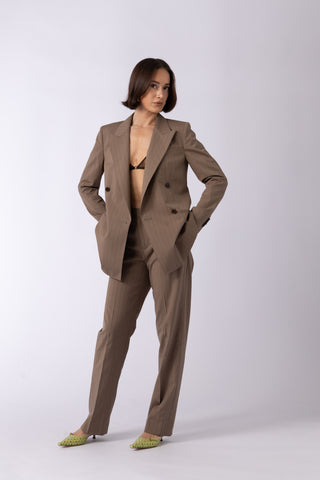 Ede Trousers - Tapered trousers in  clay brown pinstripe