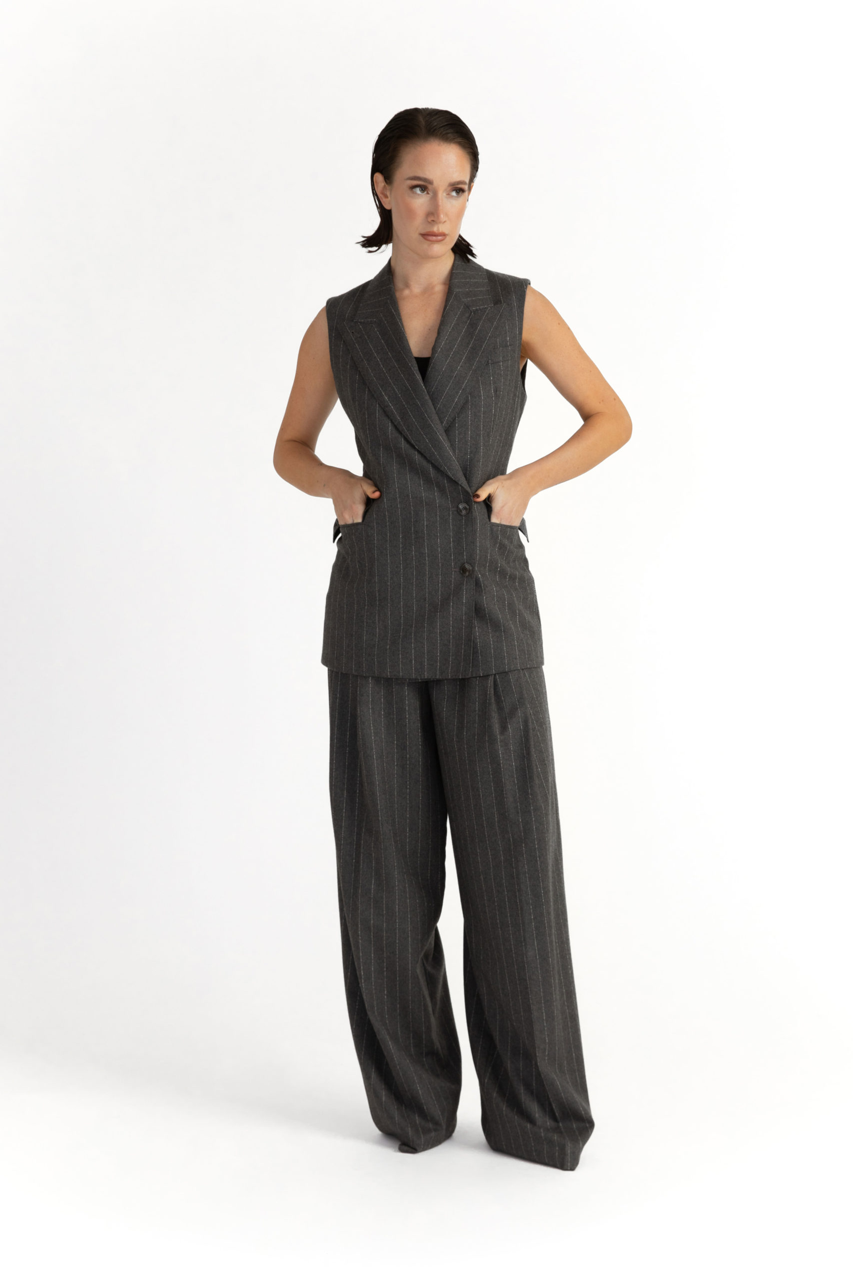 Beja Waistcoat  – Relaxed waistcoat in grey pinstripe