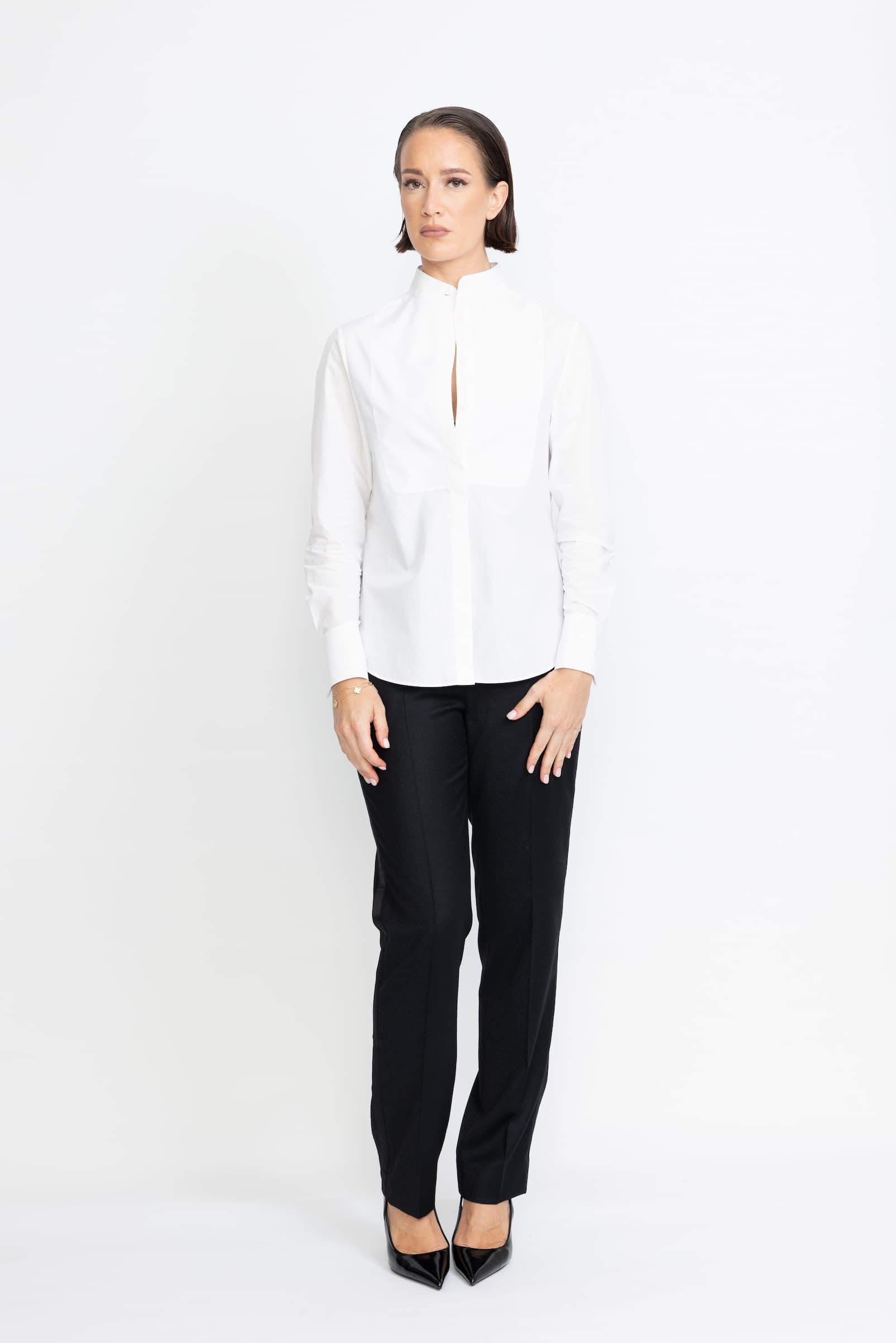 Sala Blouse – Mandarin collar shirt in white clear stripe