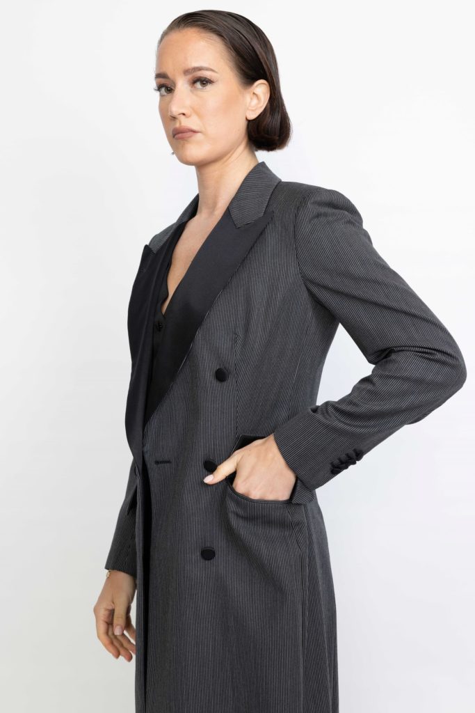 Agueda Limited Edition Coat – Midi-length coat in black pinstripe29736