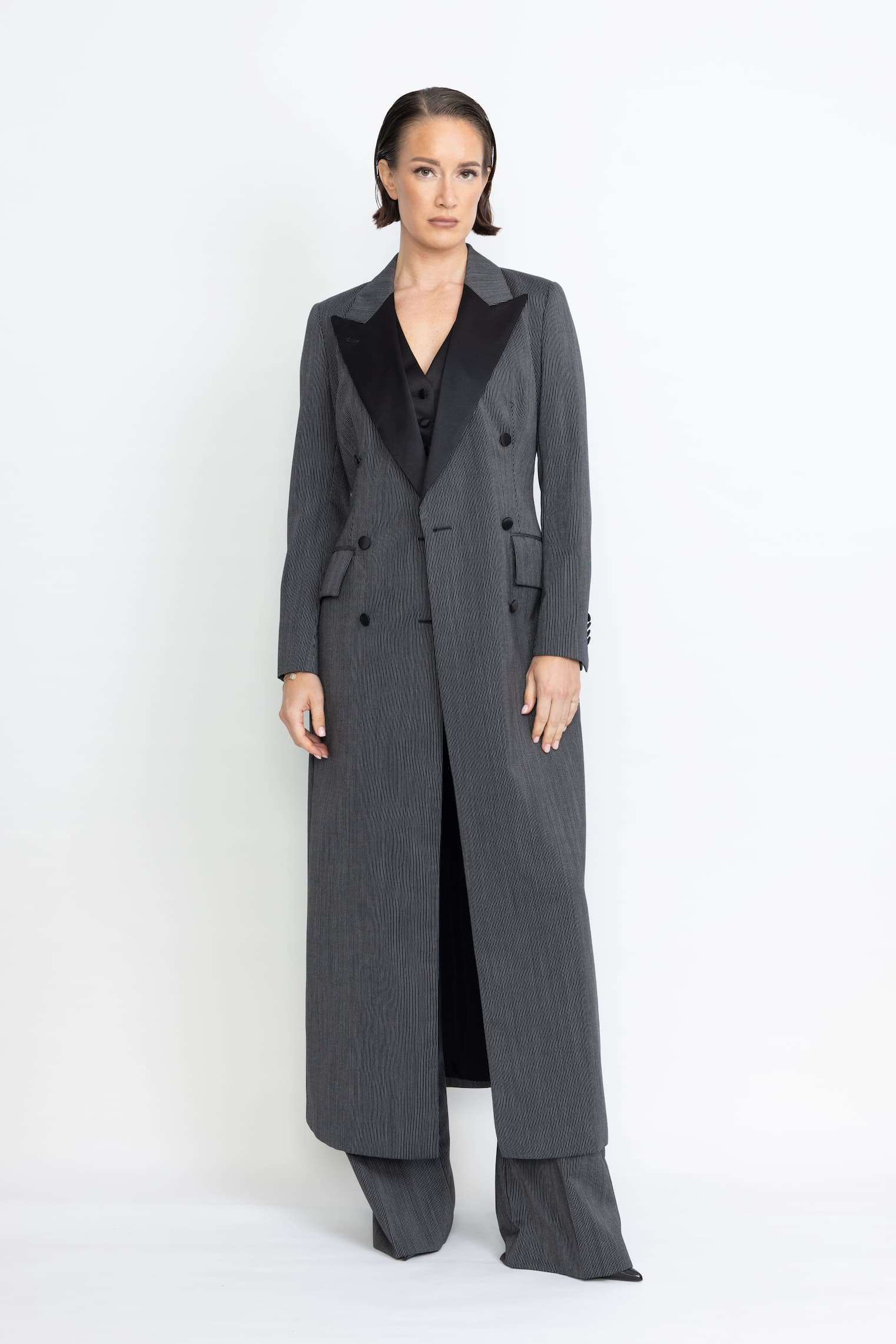 Agueda Limited Edition Coat – Midi-length coat in black pinstripe