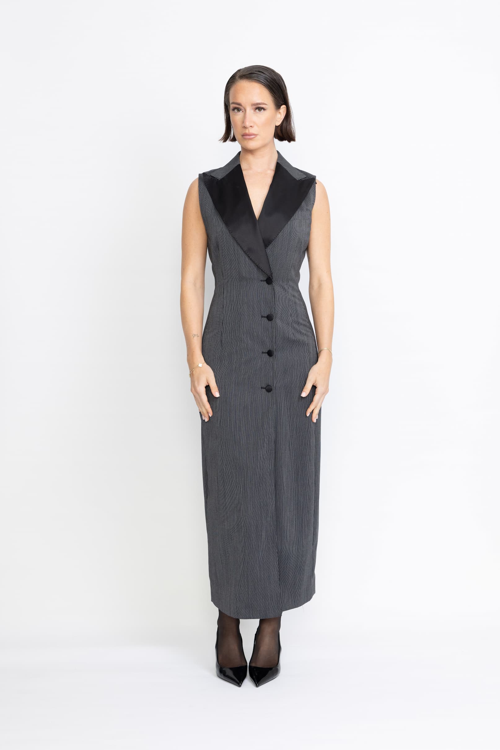 Caldas Limited Edition Dress – Tailored maxi dress in black pinstripe0