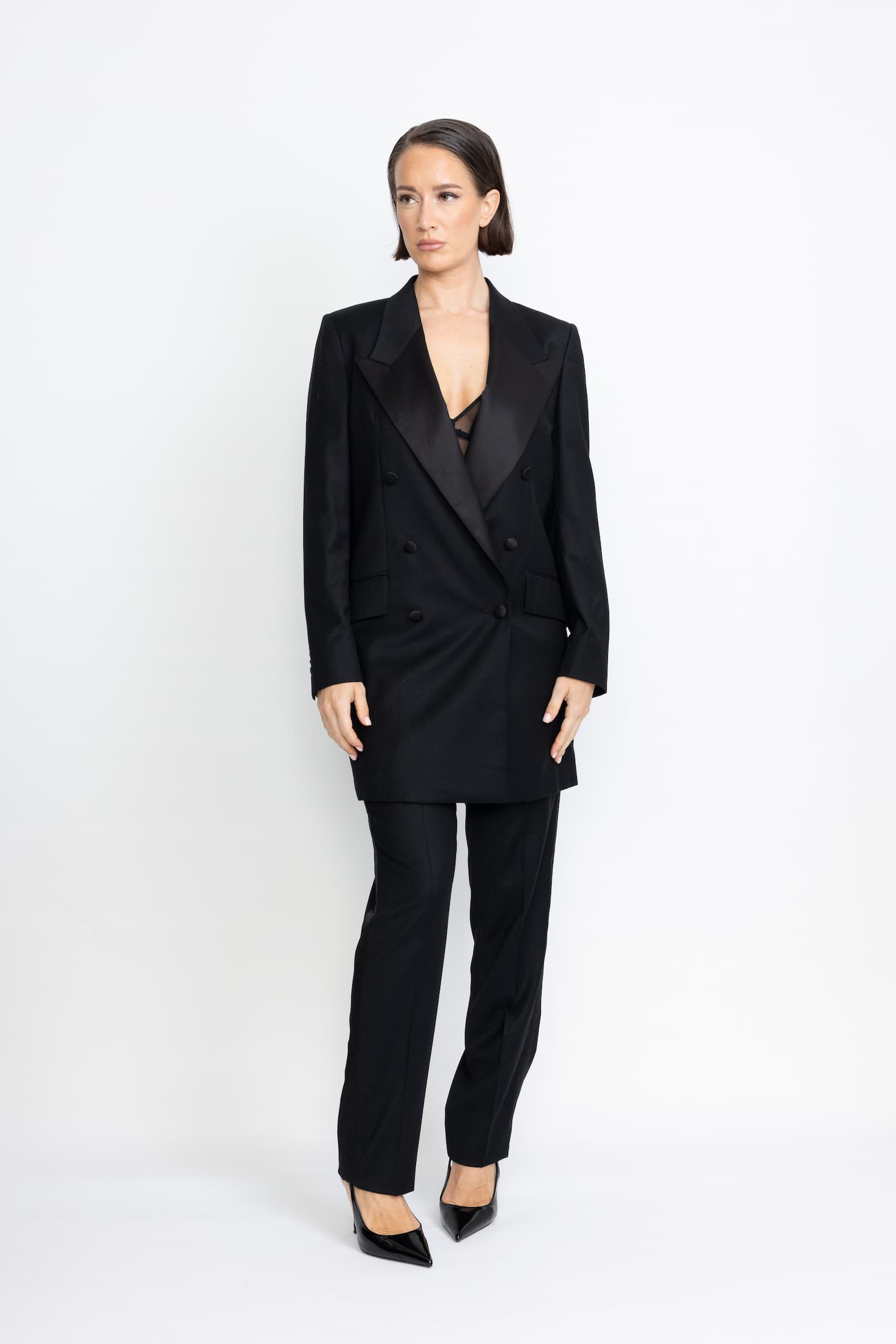 Amal Limited Edition Jacket – Tuxedo double-breasted jacket with satin lapel in black