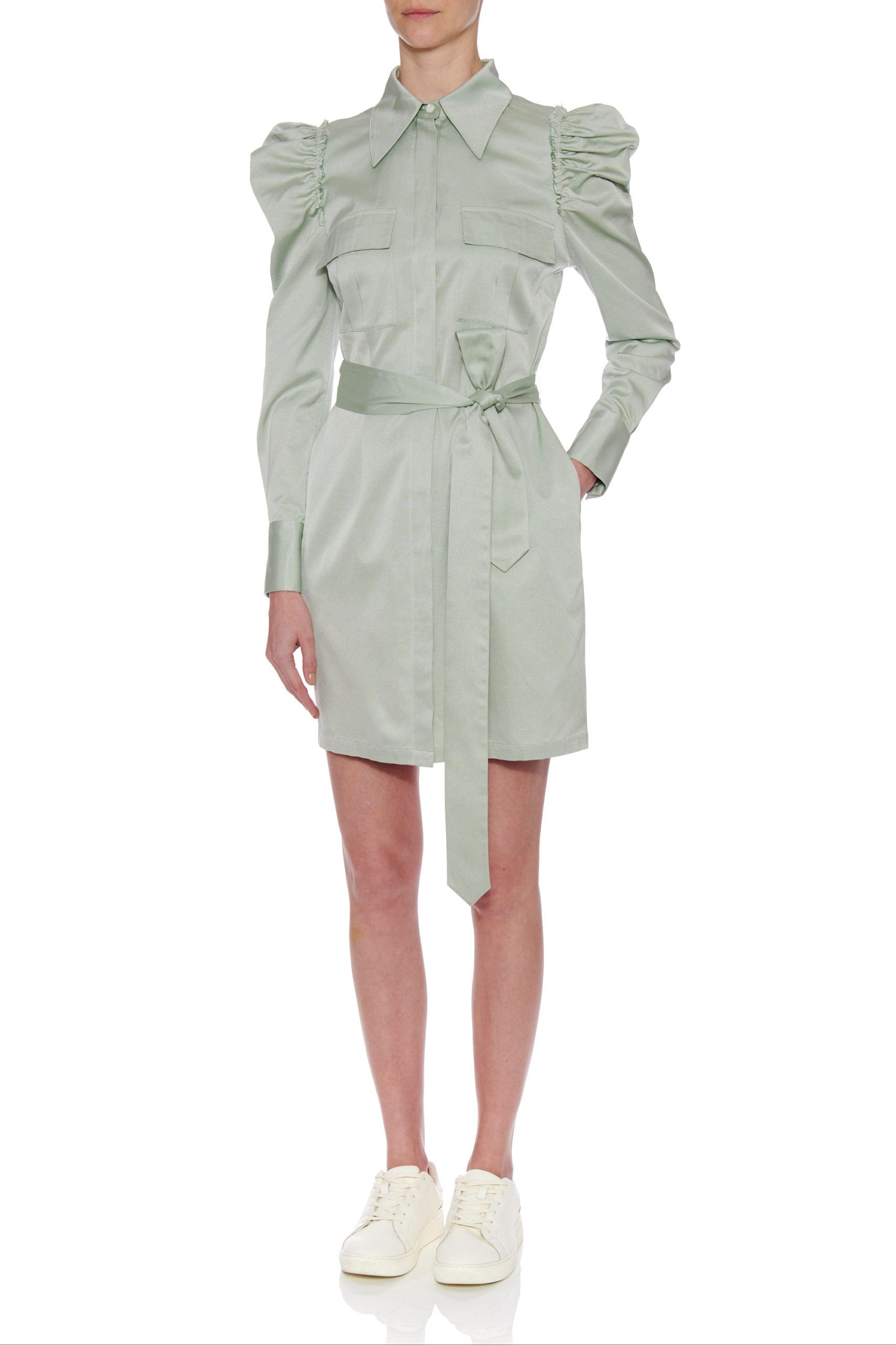 Jean Dress – Short shirt dress with leg of mutton long sleeve in mint