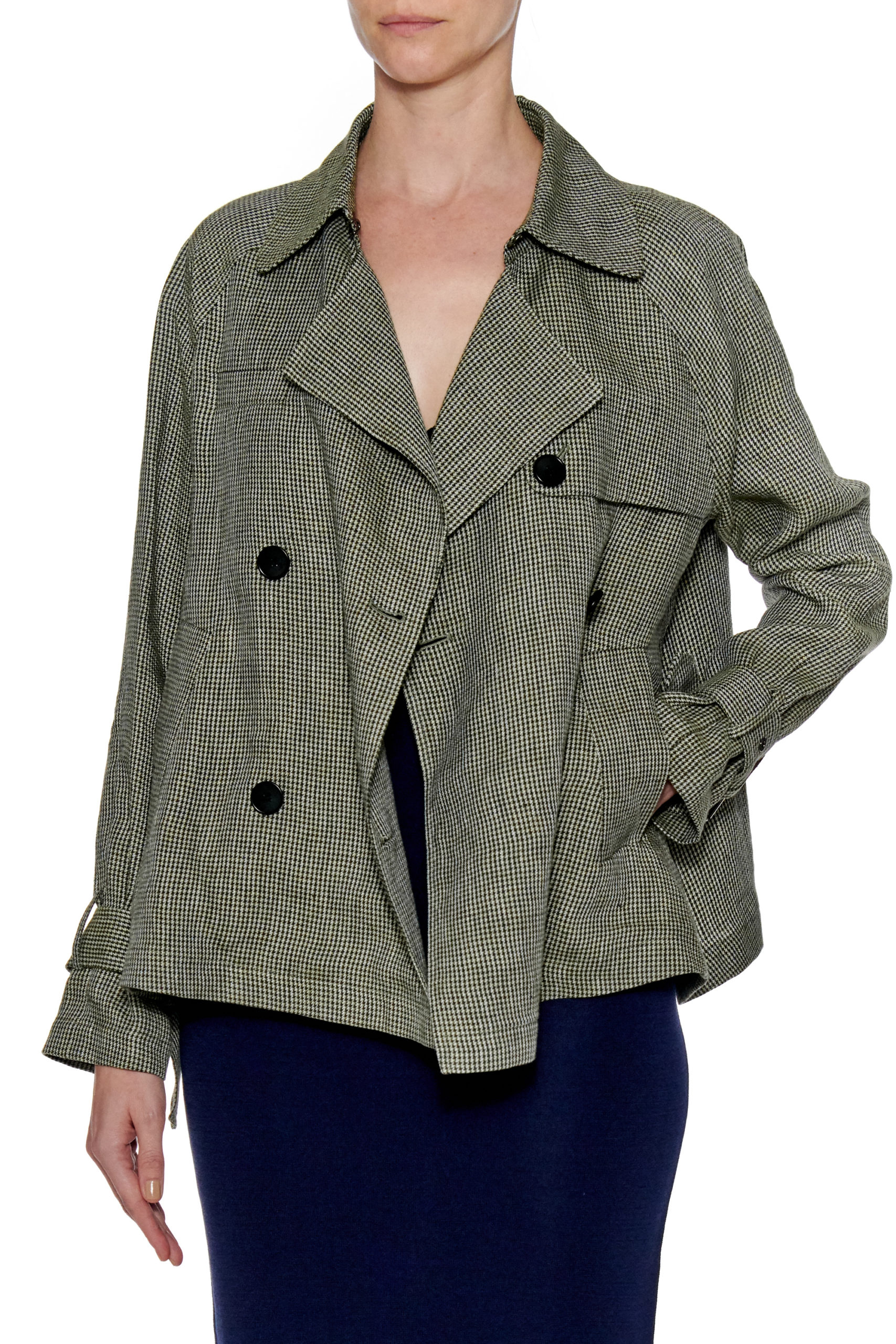 Alicante Coat – Short ultra light trench linen jacket in green houndstooth