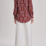 Canterbury Blouse – Printed silk V-neck blouse in red wine silk crepe de chine30005