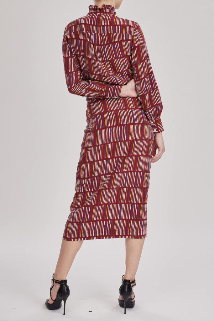 Cardiff Dress – Printed midi shirt dress in red wine  silk crepe de chine30136