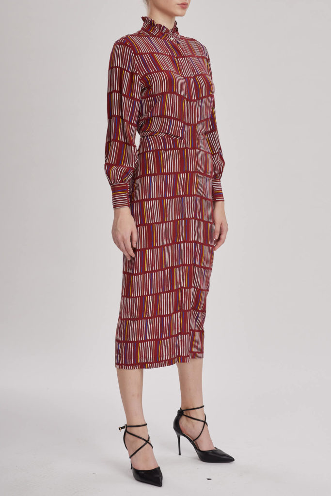 Cardiff Dress – Printed midi shirt dress in red wine  silk crepe de chine30138