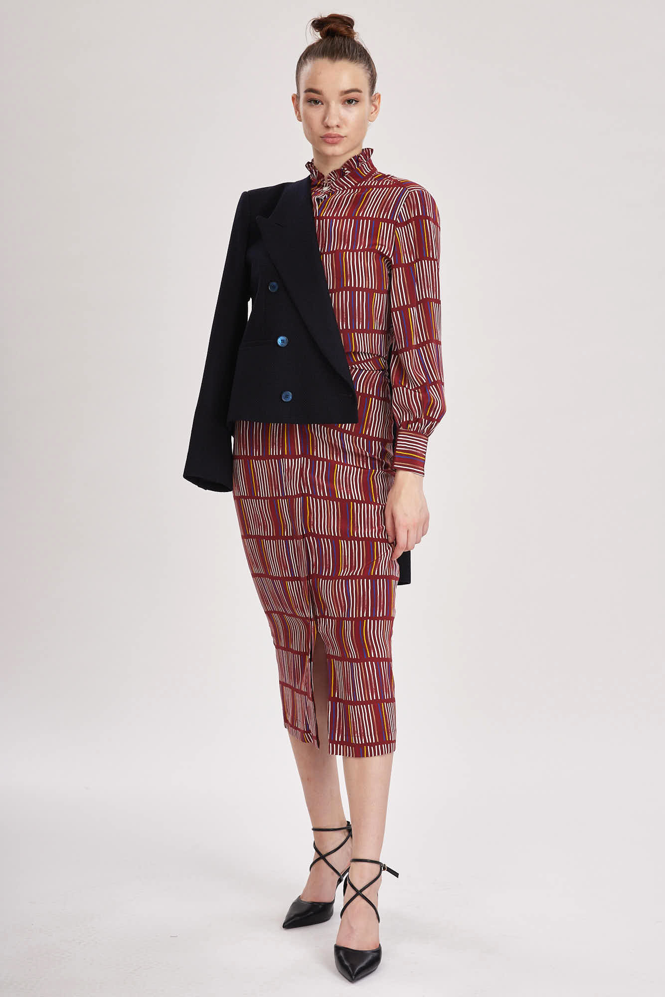 Cardiff Dress – Printed midi shirt dress in red wine  silk crepe de chine