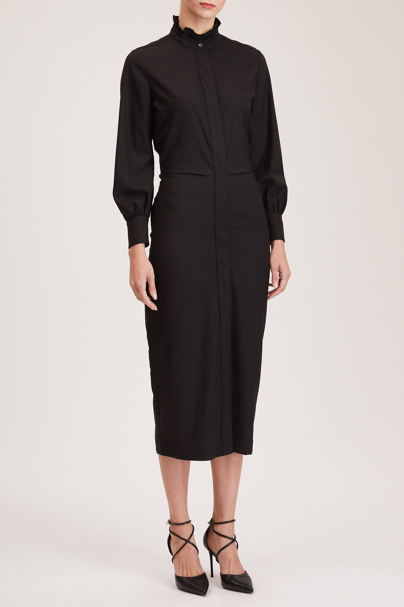 Cardiff Dress – Midi shirt dress in black wool crepe