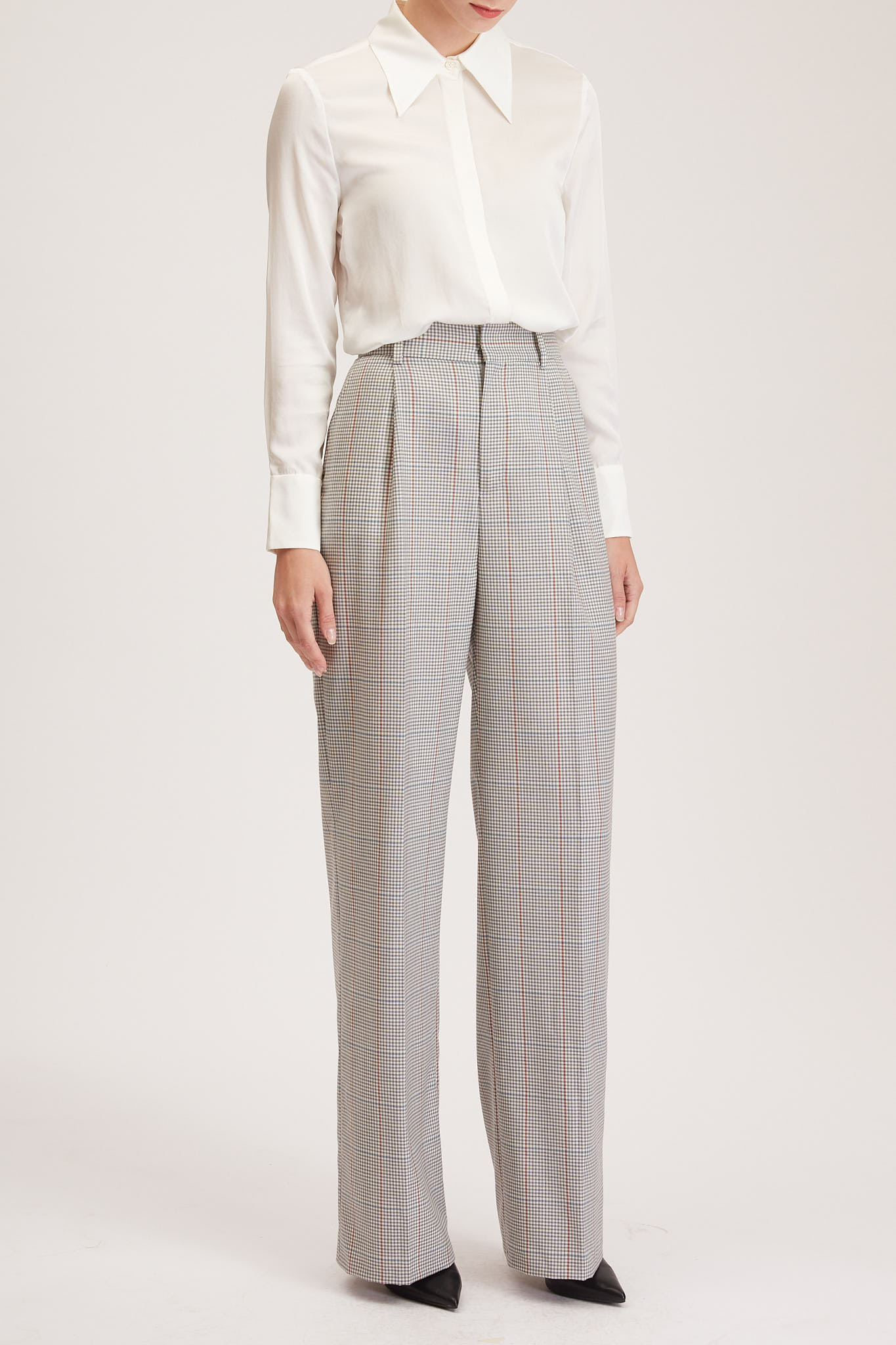 Almeria Trouser – Wide leg, high waisted trousers in light grey tartan